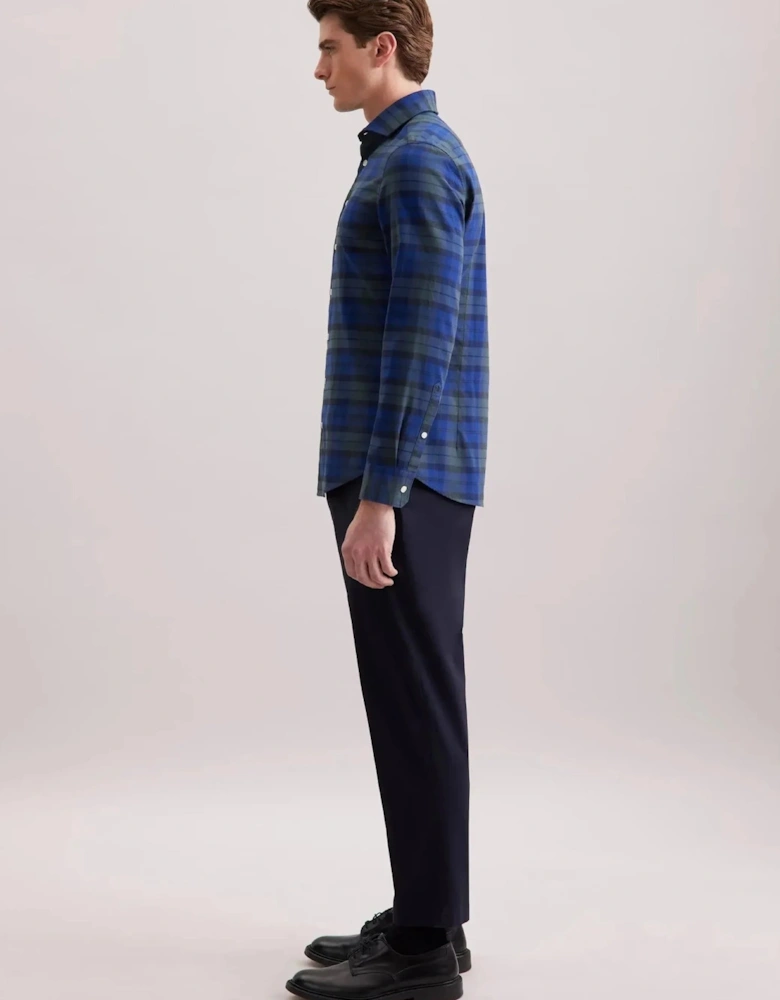 Slim Fit Spread Kent Check Flannel Shirt Dark Blue