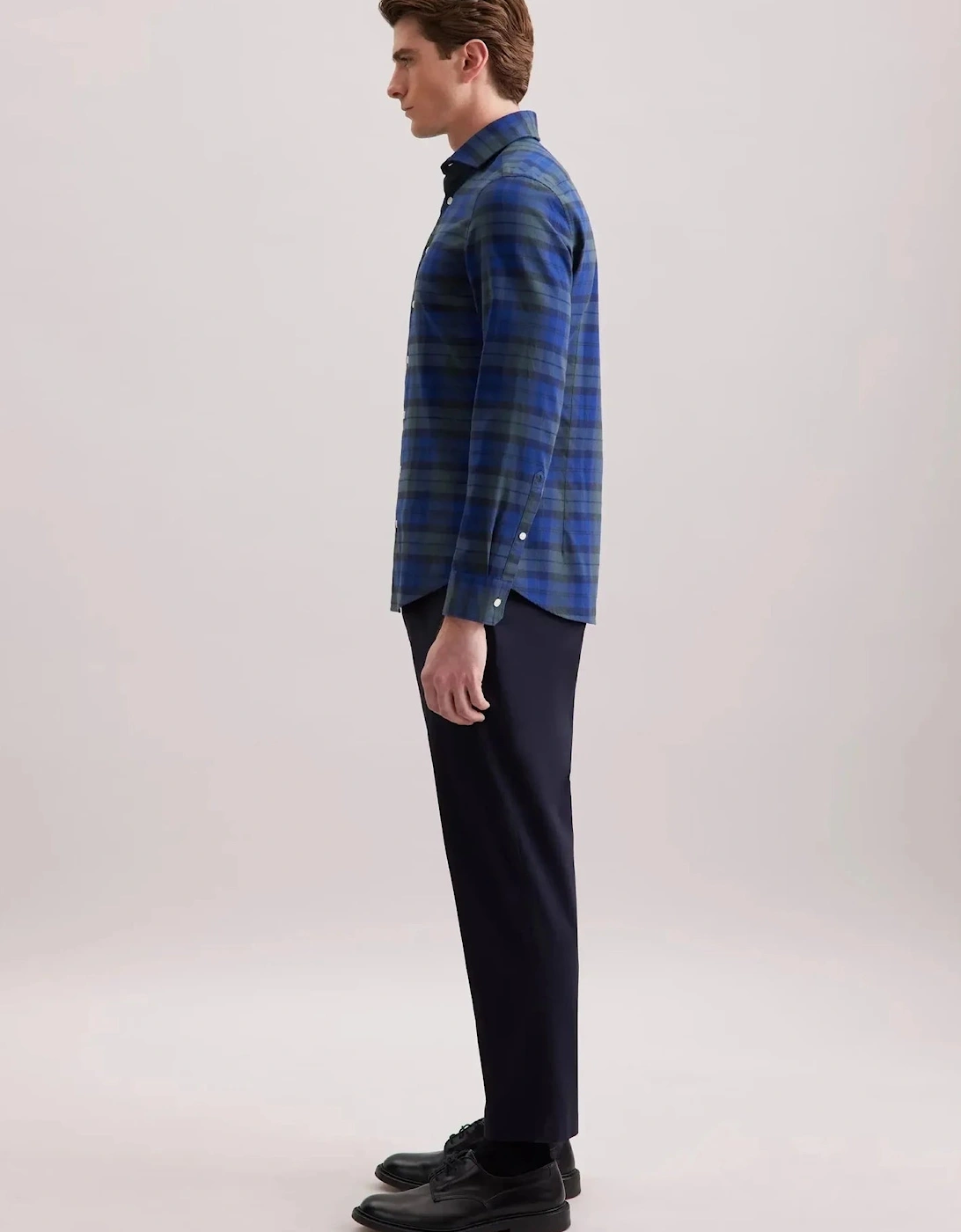 Slim Fit Spread Kent Check Flannel Shirt Dark Blue