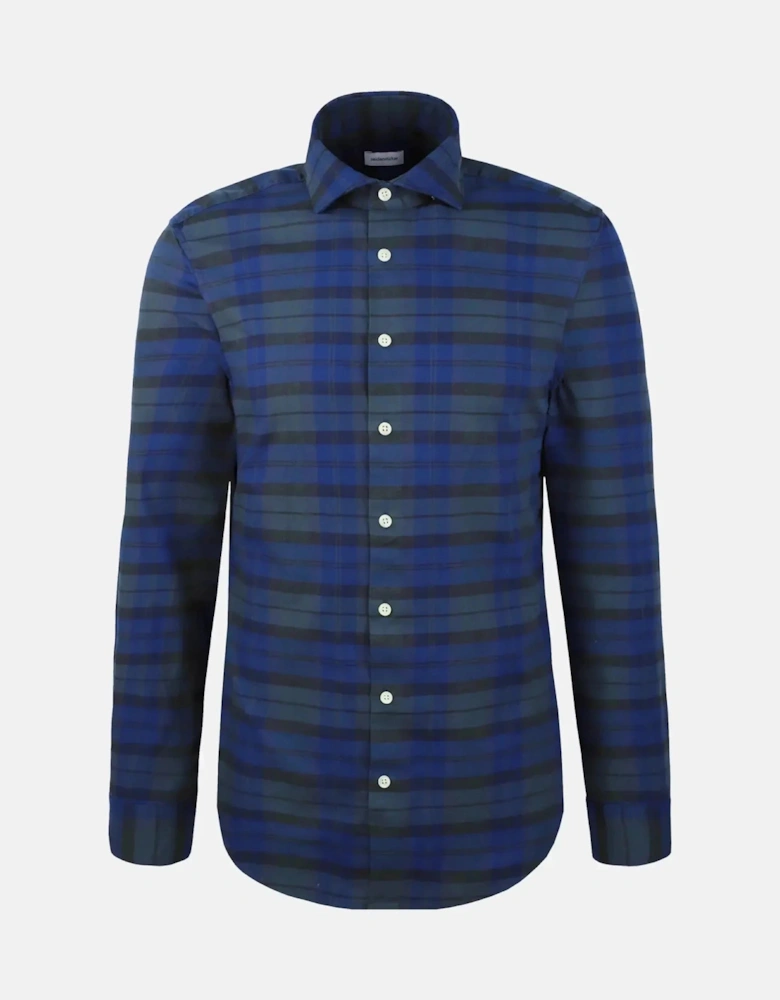 Slim Fit Spread Kent Check Flannel Shirt Dark Blue