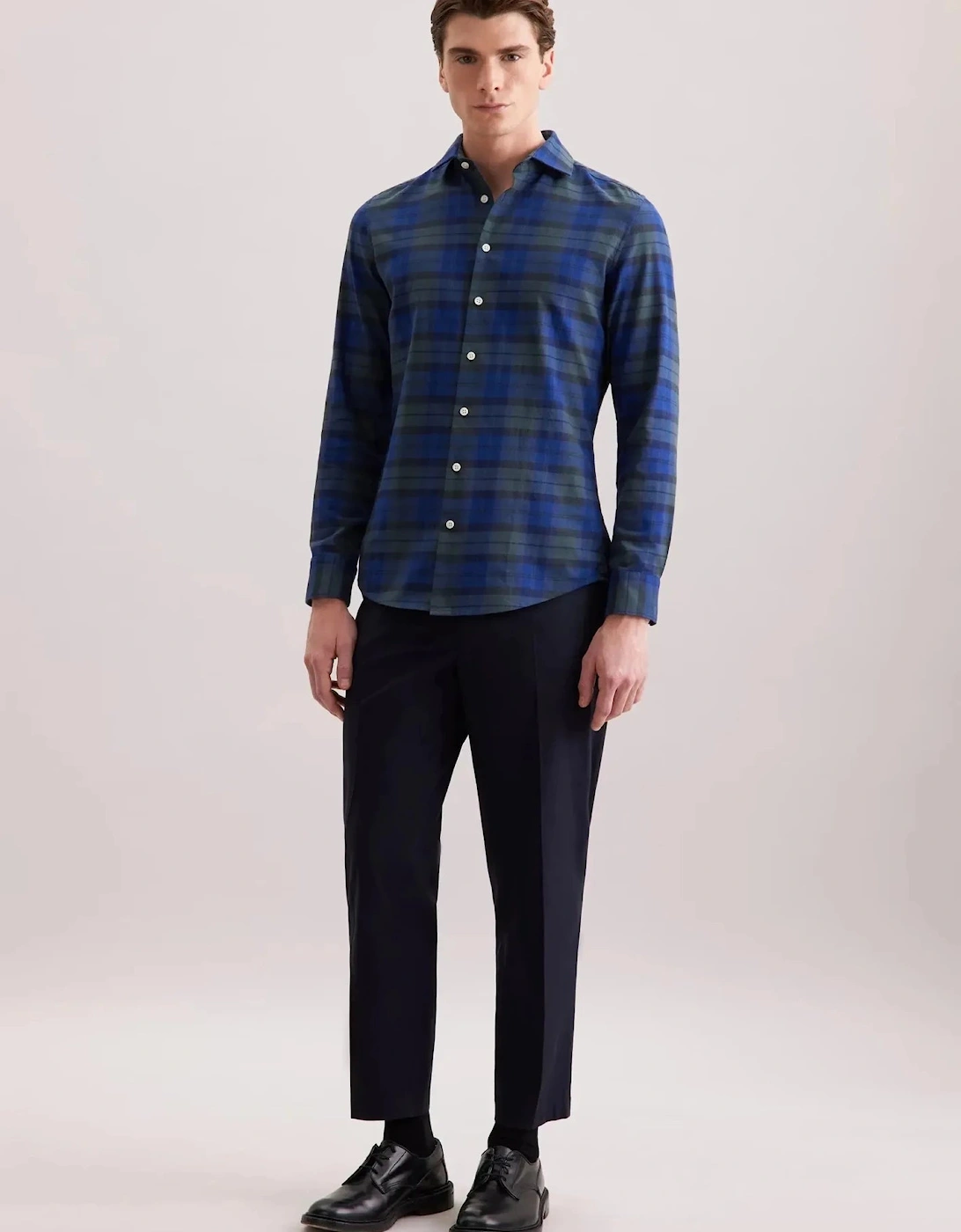 Slim Fit Spread Kent Check Flannel Shirt Dark Blue