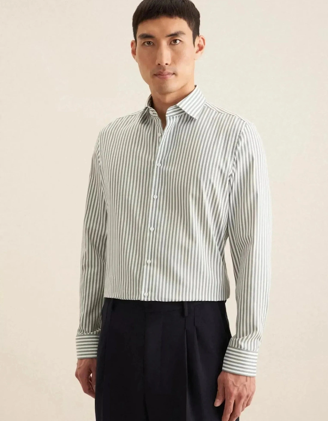 Slim Fit No Iron New Kent Striped Business Shirt Mid Green, 10 of 9