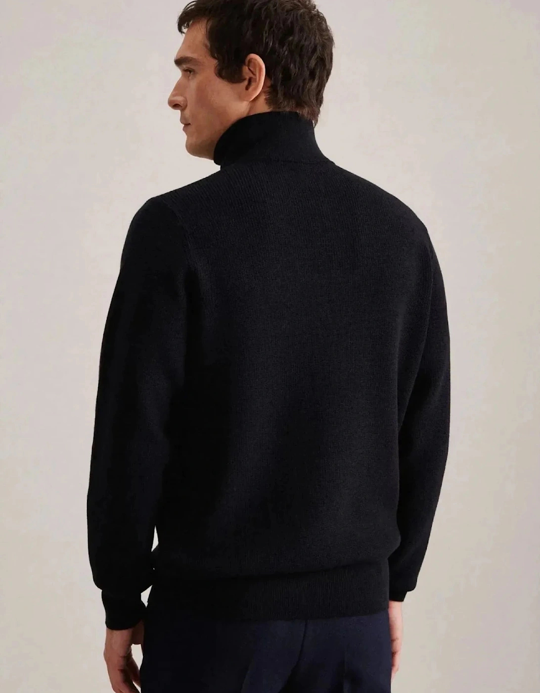 Merino Wool Stand Collar 1/4 Zip Knit Dark Blue