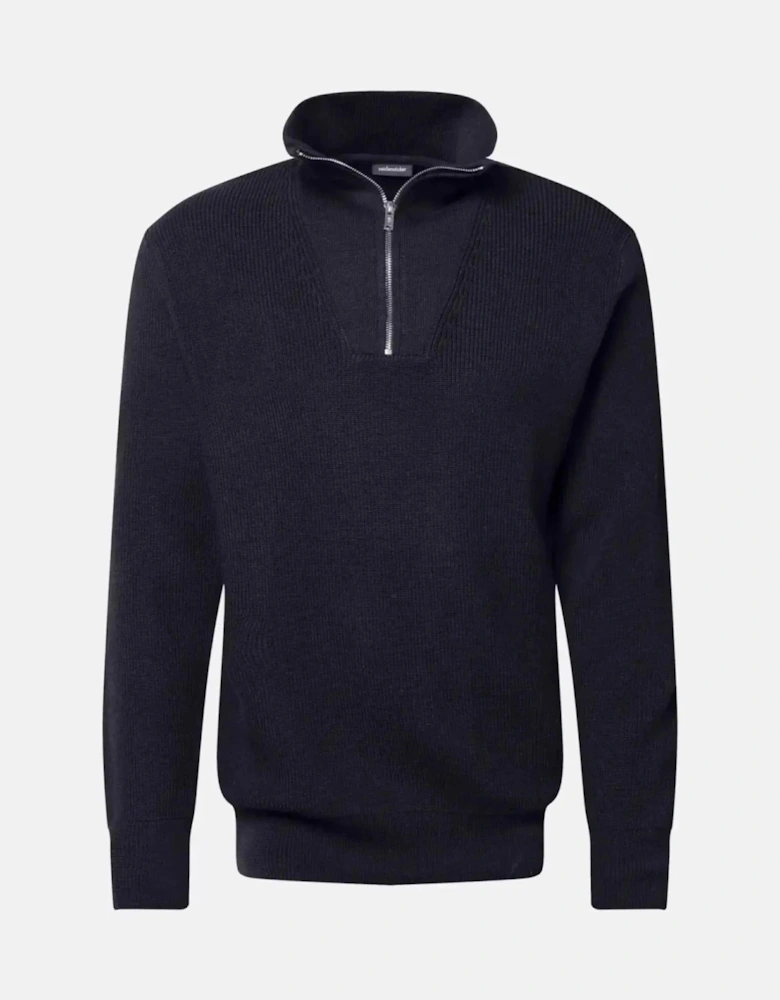 Merino Wool Stand Collar 1/4 Zip Knit Dark Blue