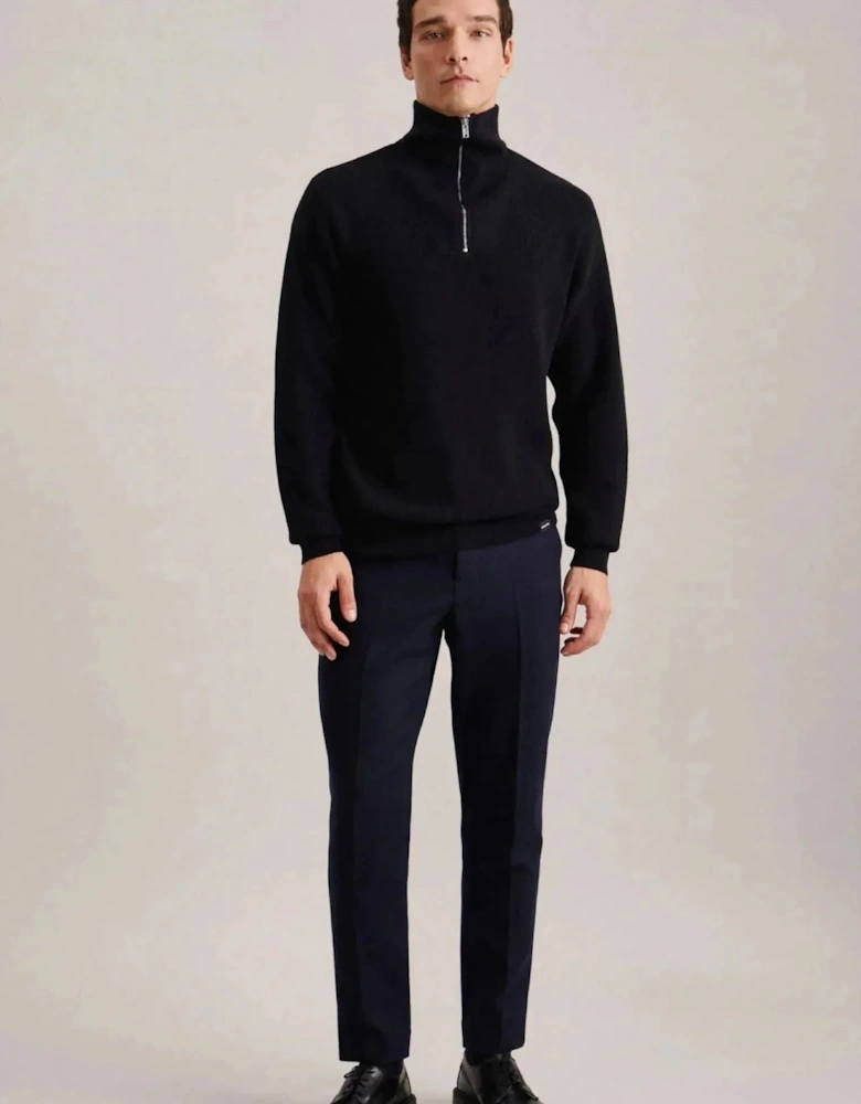 Merino Wool Stand Collar 1/4 Zip Knit Dark Blue