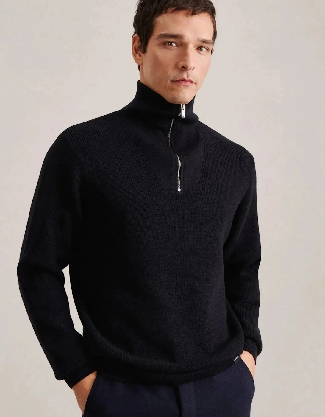 Merino Wool Stand Collar 1/4 Zip Knit Dark Blue