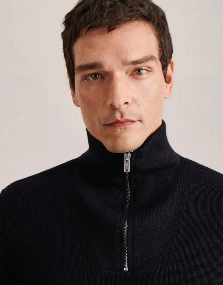 Merino Wool Stand Collar 1/4 Zip Knit Dark Blue