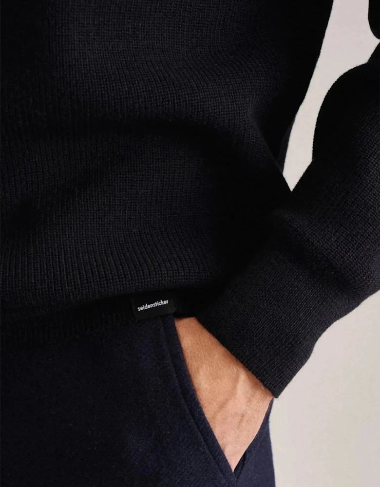 Merino Wool Stand Collar 1/4 Zip Knit Dark Blue