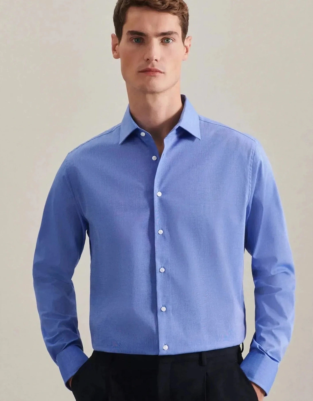 Shaped Fit No Iron Kent Collar Business Shirt Mid Blue, 9 of 8