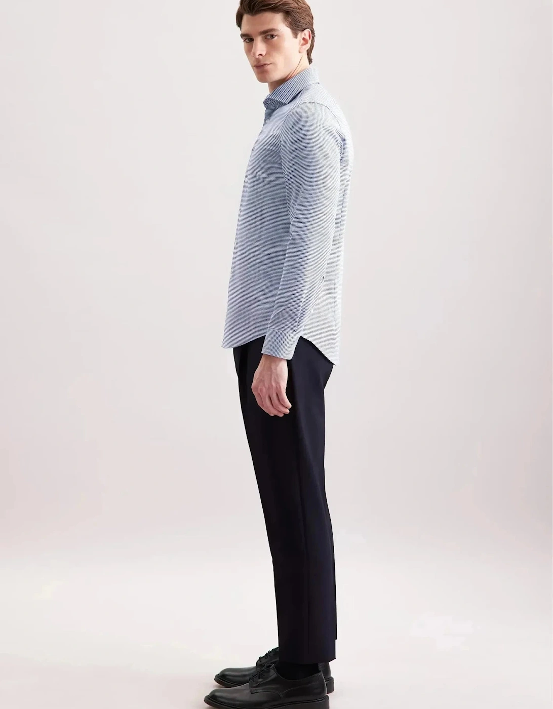 Slim Fit No Iron Spread Kent Pepita Business Shirt Mid Blue