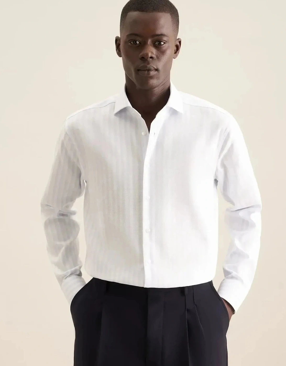 Regular Fit No Iron Spread Kent Structured Stripe Business Shirt Light Blue, 10 of 9