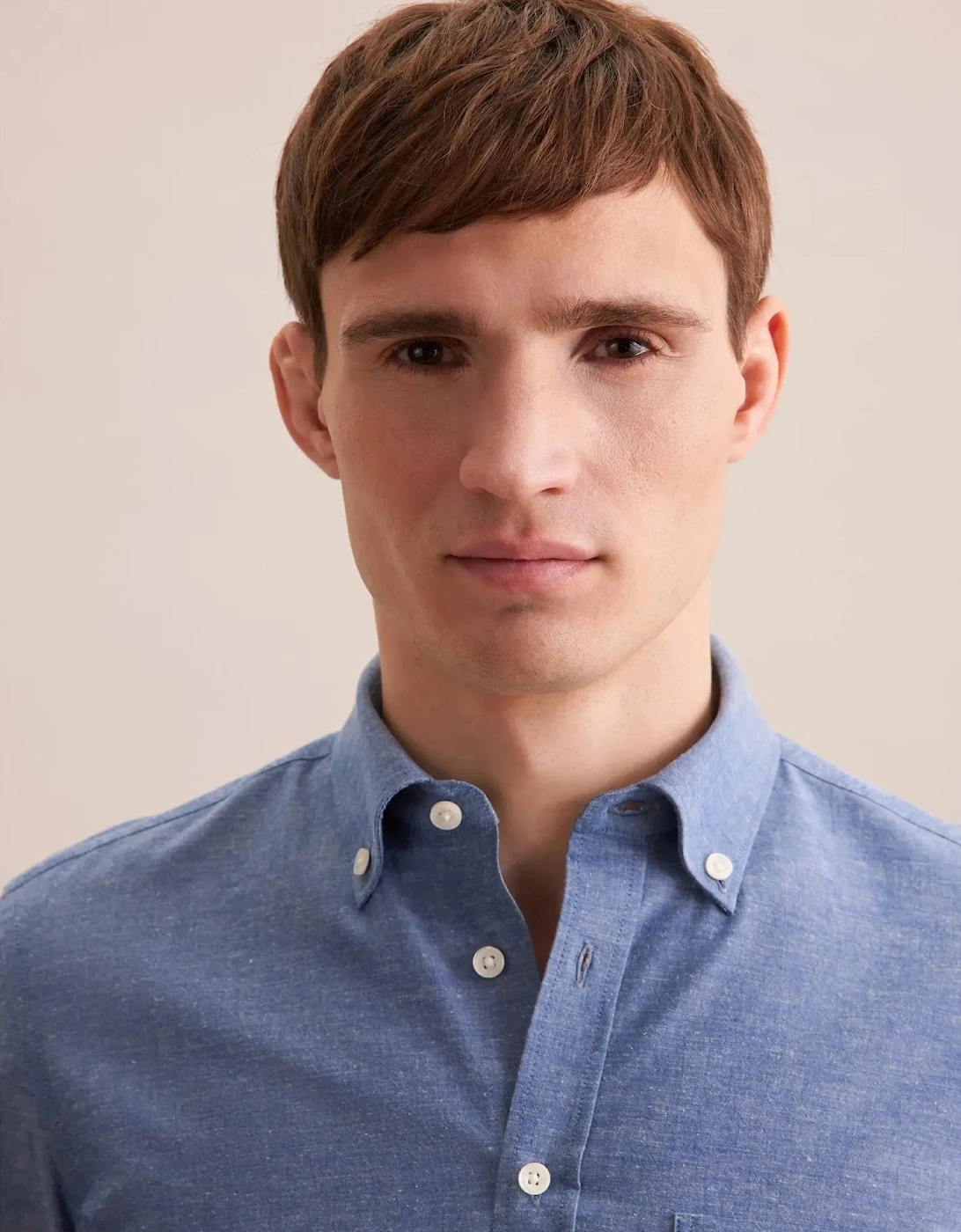 Slim Fit Button Down Linen Blend Chambray Shirt Mid Blue