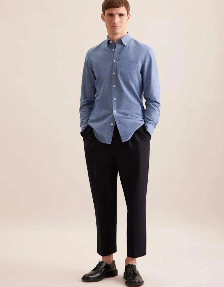 Slim Fit Button Down Linen Blend Chambray Shirt Mid Blue