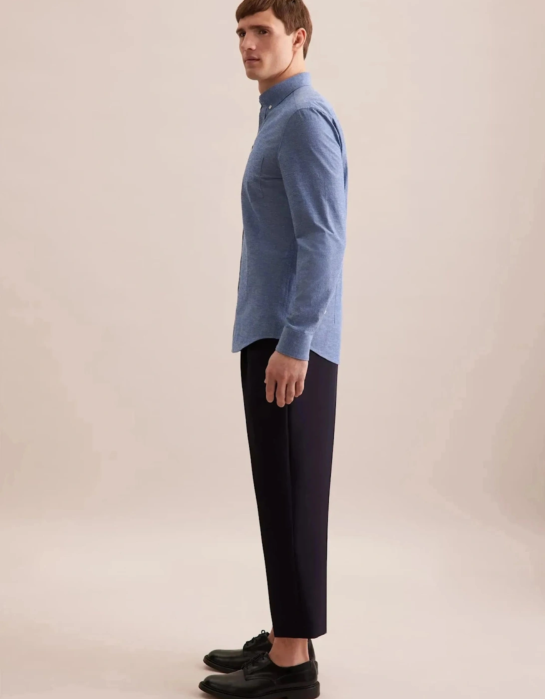 Slim Fit Button Down Linen Blend Chambray Shirt Mid Blue