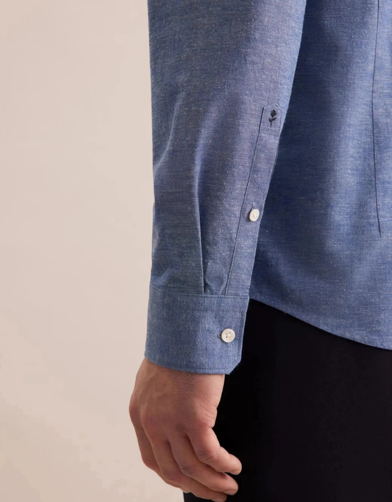 Slim Fit Button Down Linen Blend Chambray Shirt Mid Blue