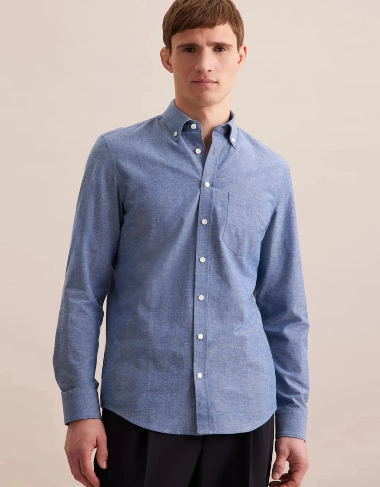 Slim Fit Button Down Linen Blend Chambray Shirt Mid Blue