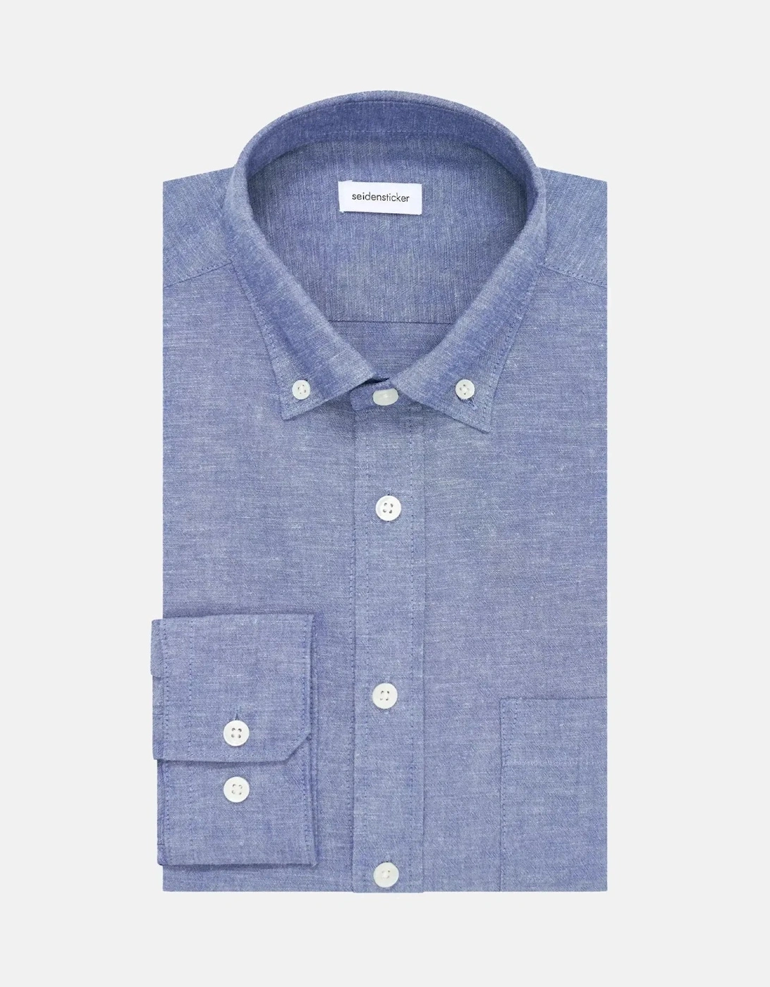 Slim Fit Button Down Linen Blend Chambray Shirt Mid Blue