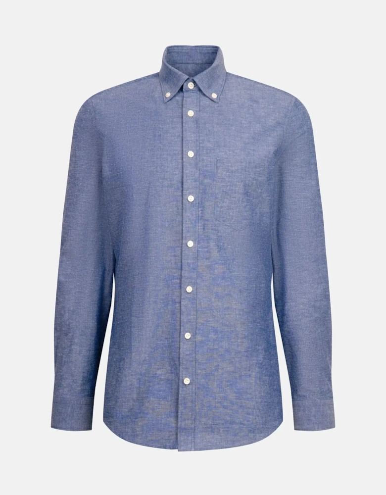 Slim Fit Button Down Linen Blend Chambray Shirt Mid Blue