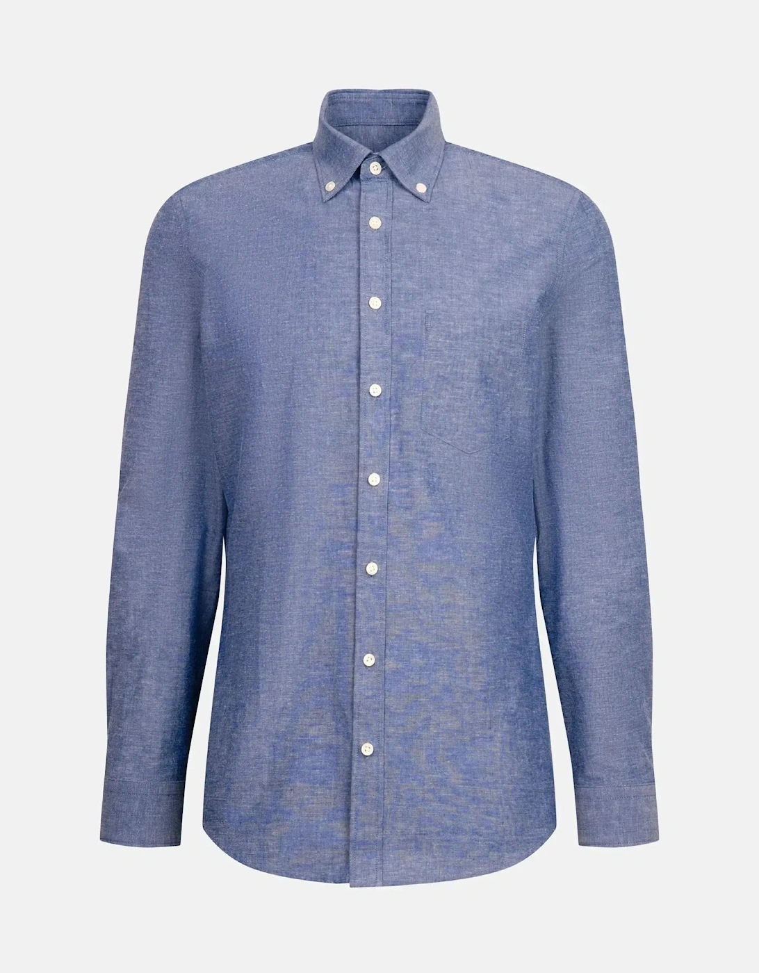 Slim Fit Button Down Linen Blend Chambray Shirt Mid Blue