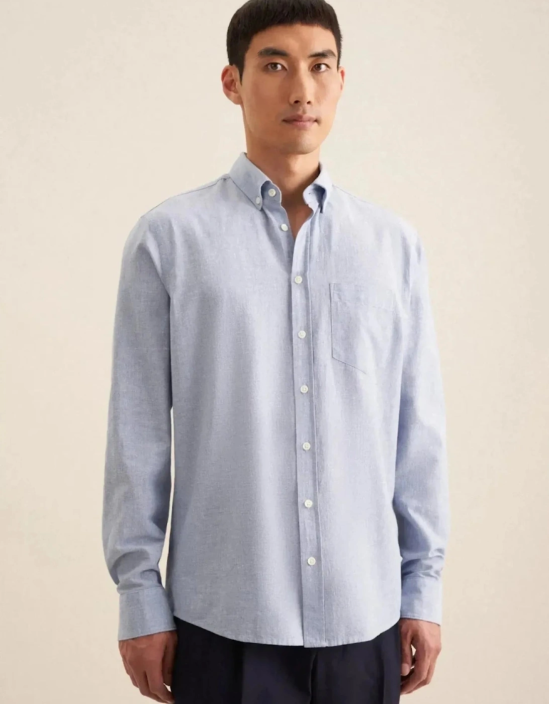 Regular Fit Button Down Linen Blend Chambray Shirt Light Blue, 9 of 8