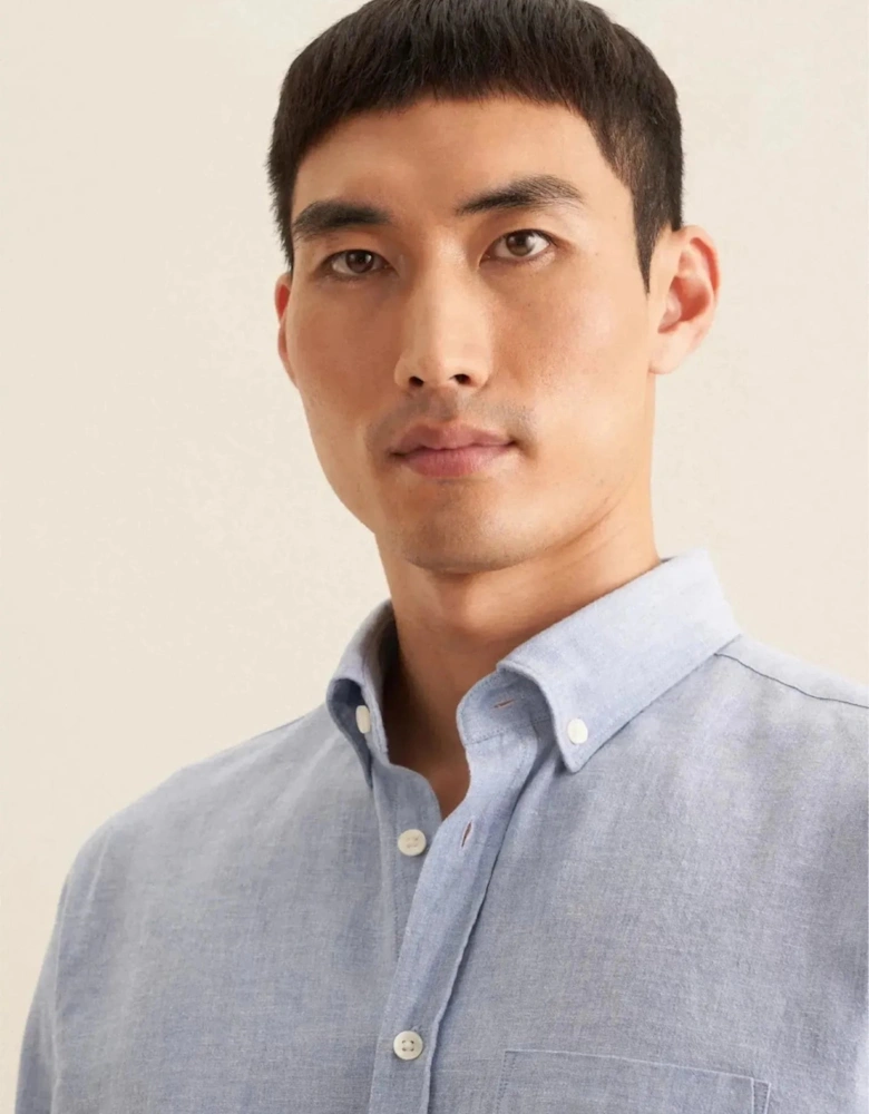 Regular Fit Button Down Linen Blend Chambray Shirt Light Blue
