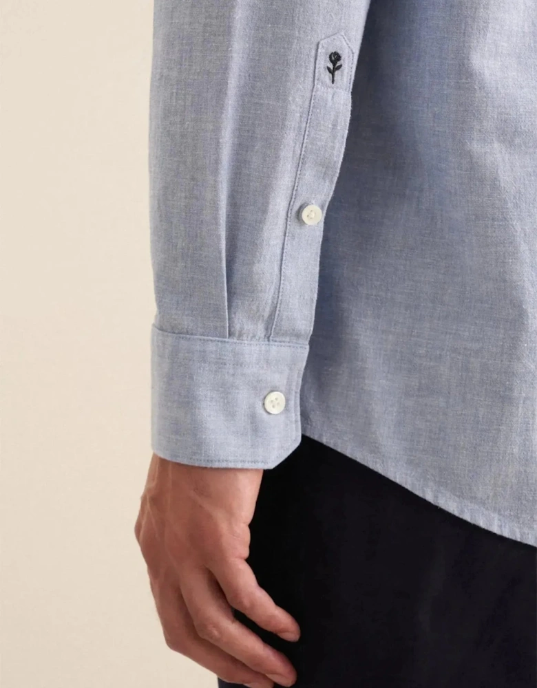 Regular Fit Button Down Linen Blend Chambray Shirt Light Blue