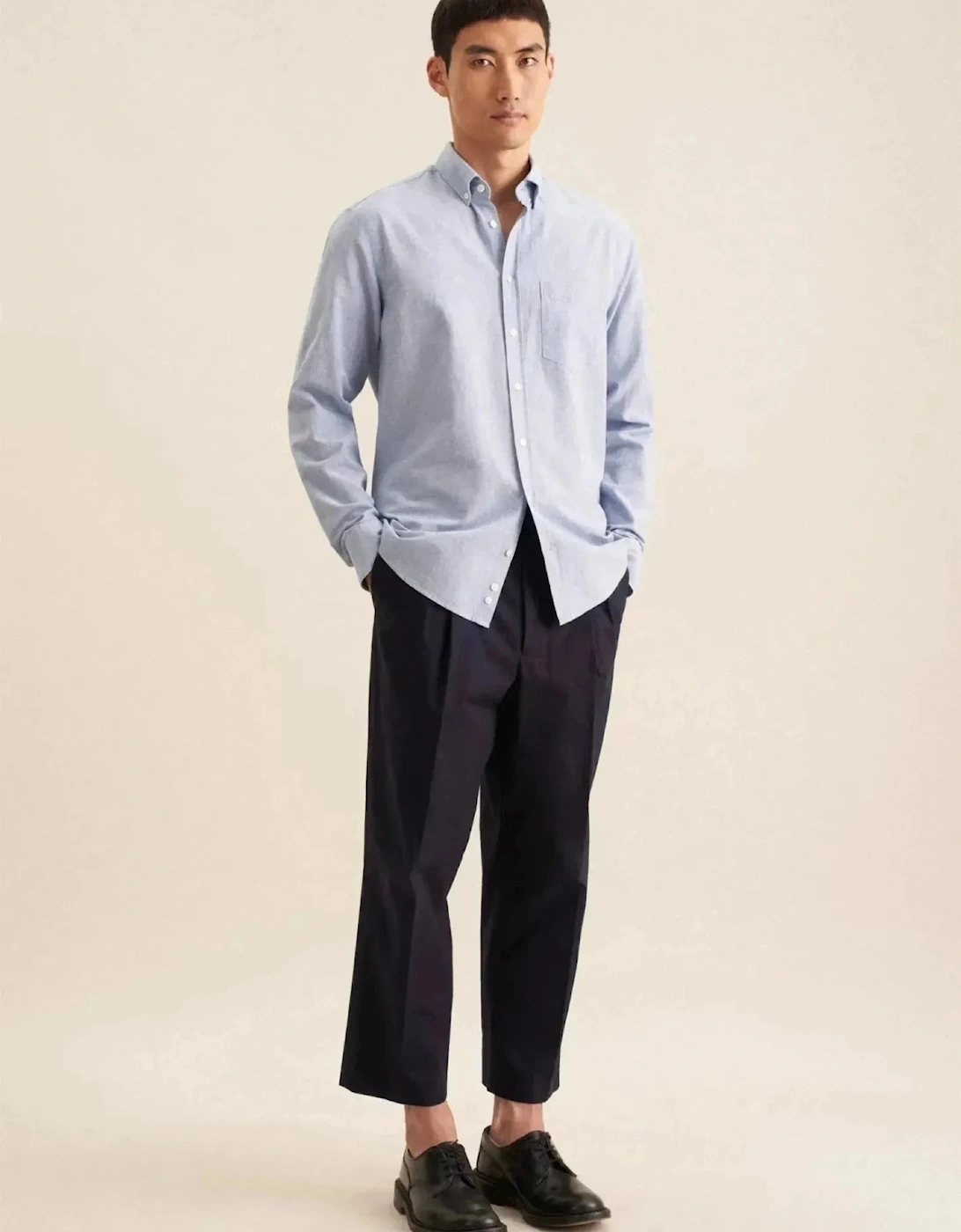 Regular Fit Button Down Linen Blend Chambray Shirt Light Blue