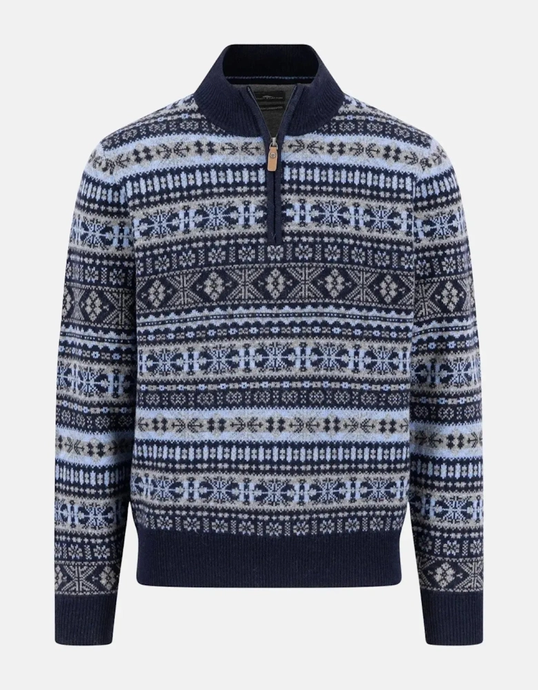 Lambswool Jacquard 1/4 Zip Knit Navy