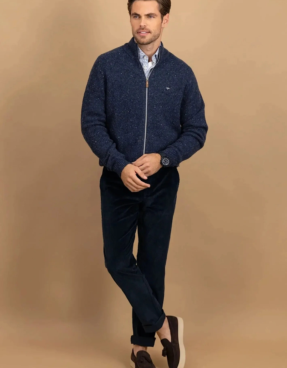 Donegal Wool Zip Cardigan Navy