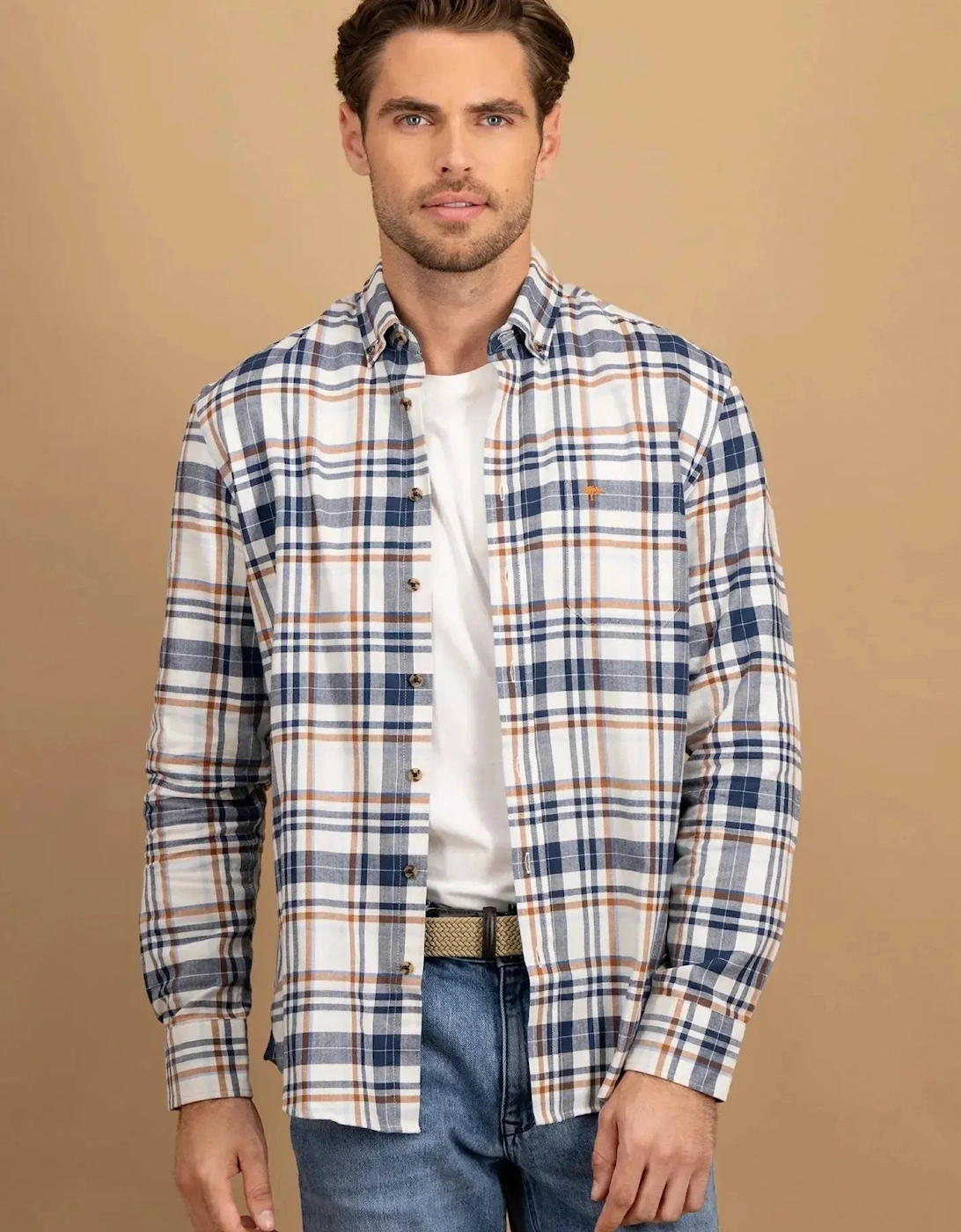 Herringbone Check Button Down Shirt Misty Blue