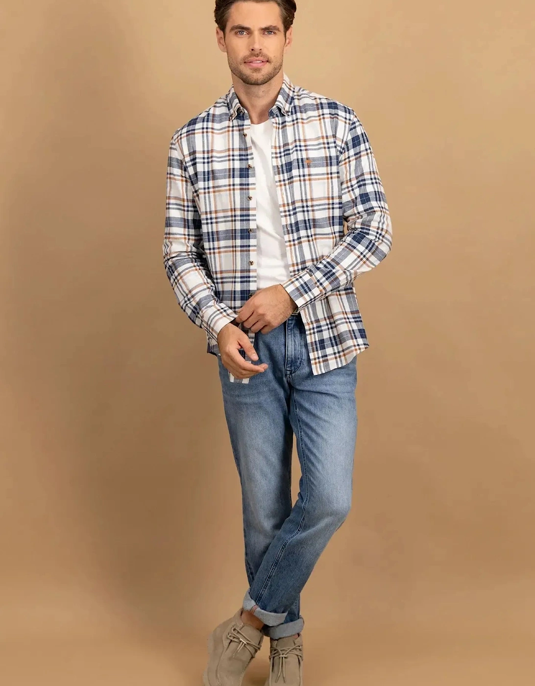 Herringbone Check Button Down Shirt Misty Blue