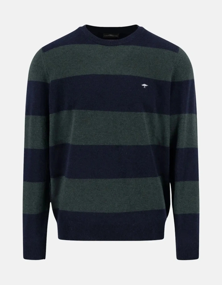 Block Stripe Merino Wool Cashmere Crewneck Knit Navy
