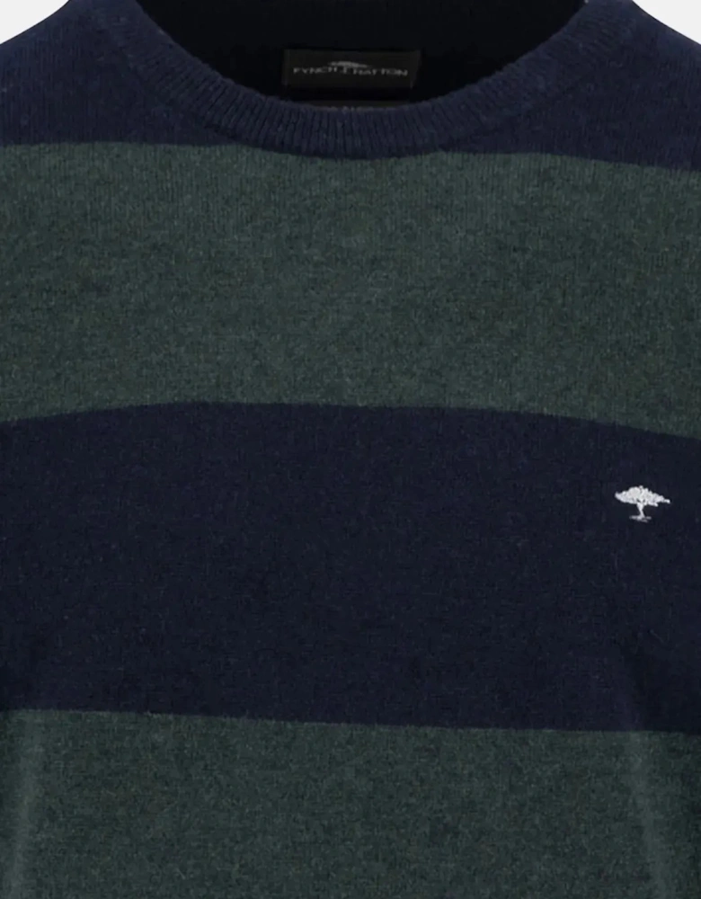 Block Stripe Merino Wool Cashmere Crewneck Knit Navy