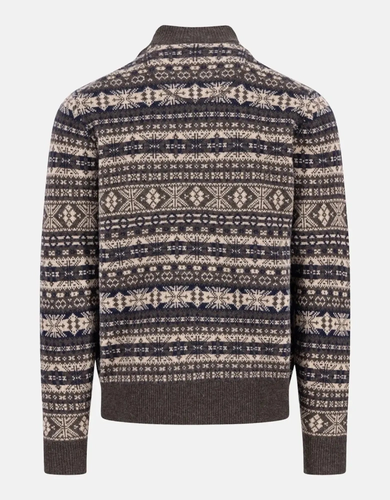 Lambswool Jacquard 1/4 Zip Knit Dark Chocolate