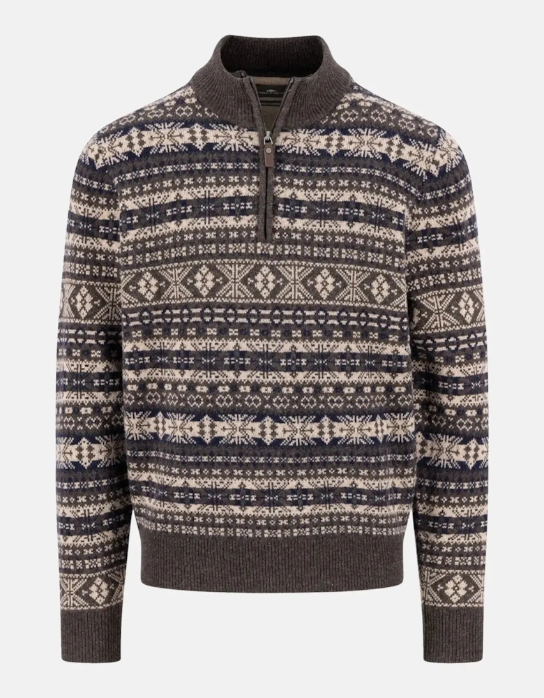 Lambswool Jacquard 1/4 Zip Knit Dark Chocolate