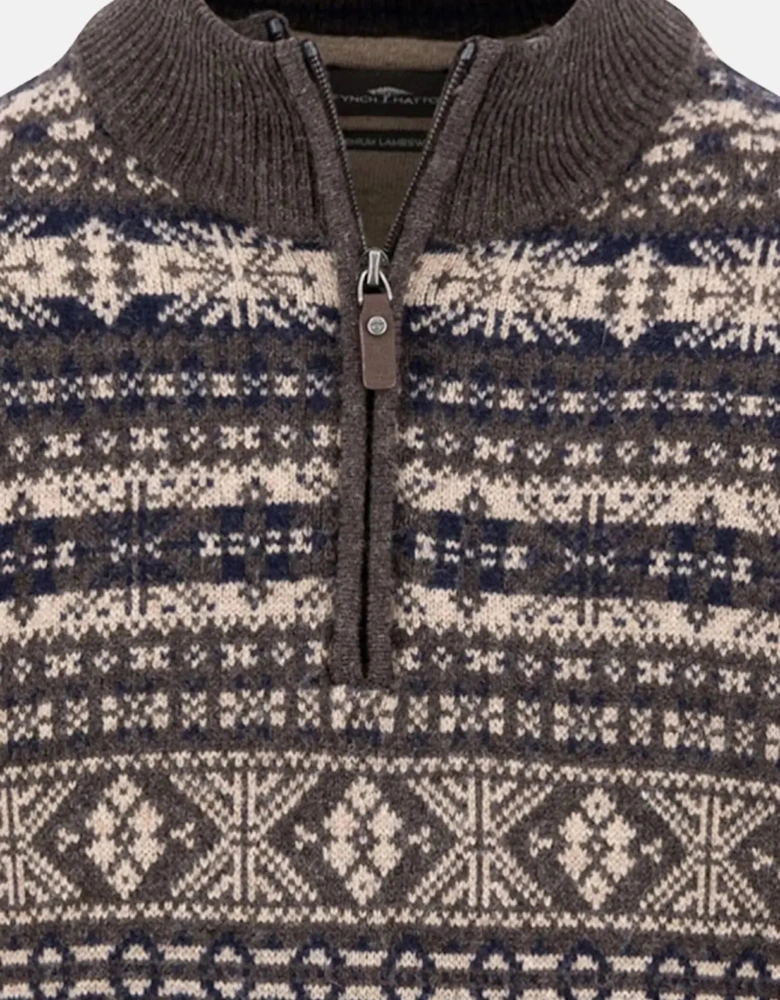 Lambswool Jacquard 1/4 Zip Knit Dark Chocolate