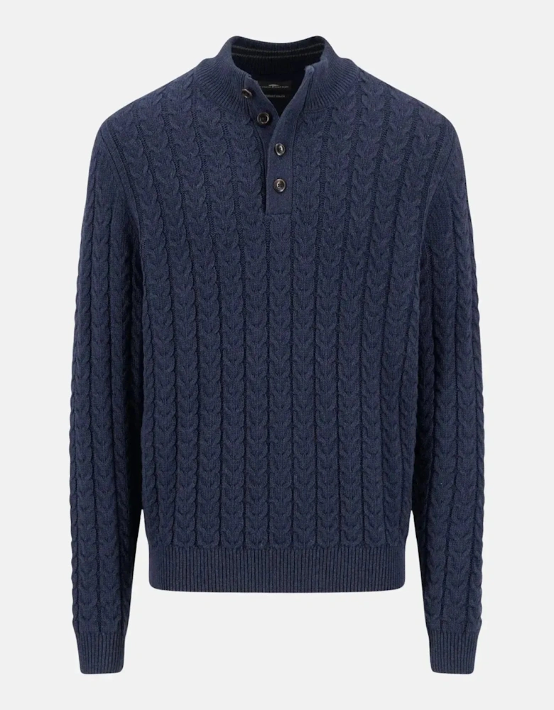 Cotton-Wool Button Neck Cable Knit Sweater Navy