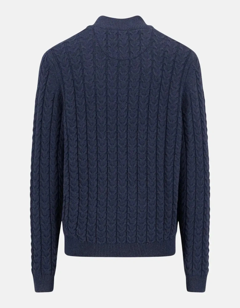Cotton-Wool Button Neck Cable Knit Sweater Navy