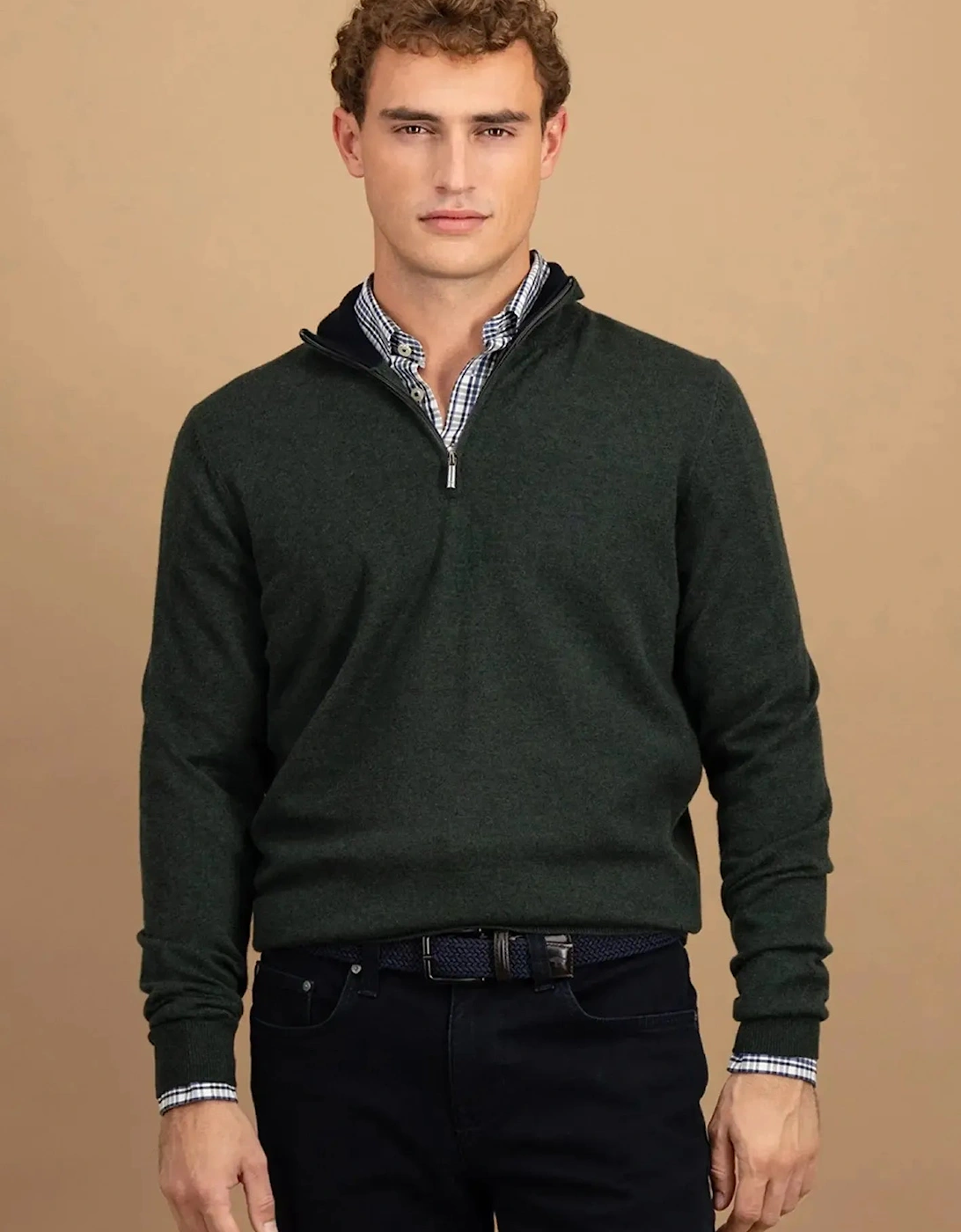 Merino Wool Cashmere 1/4 Zip Knit Dark Ivy