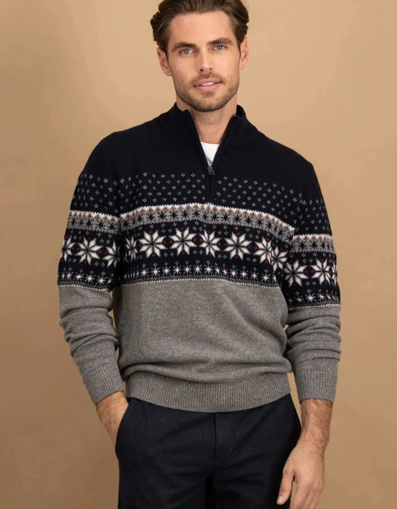 Fair Isle Lambswool 1/4 Zip Knit Navy