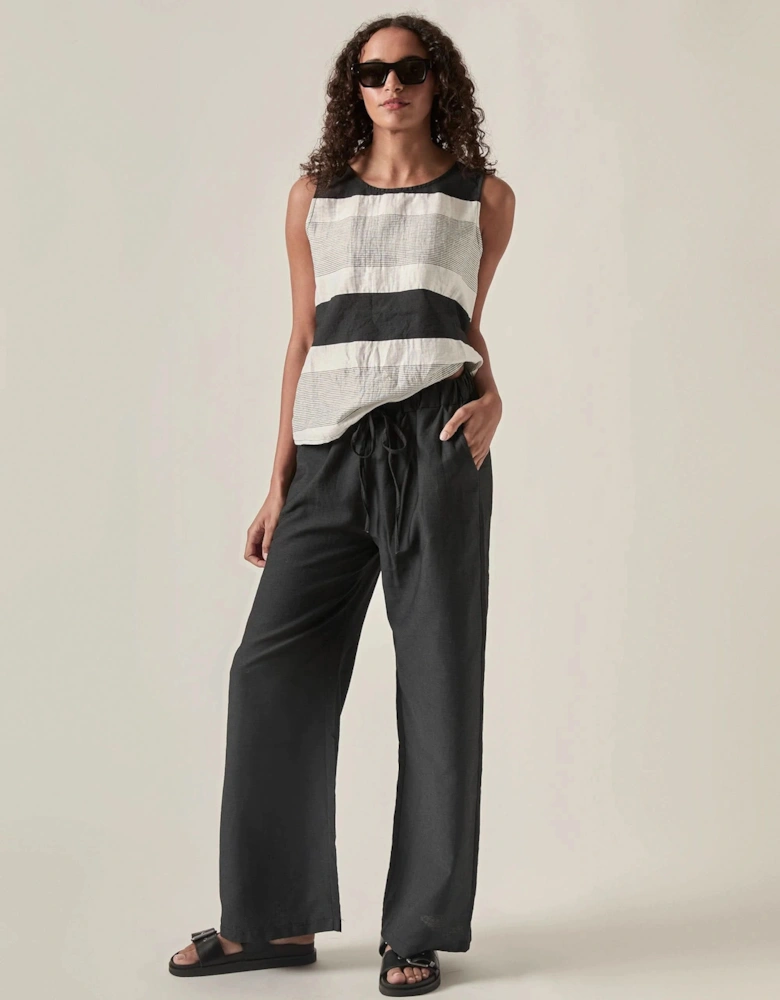 Linen Blend Black Drawstring Trousers