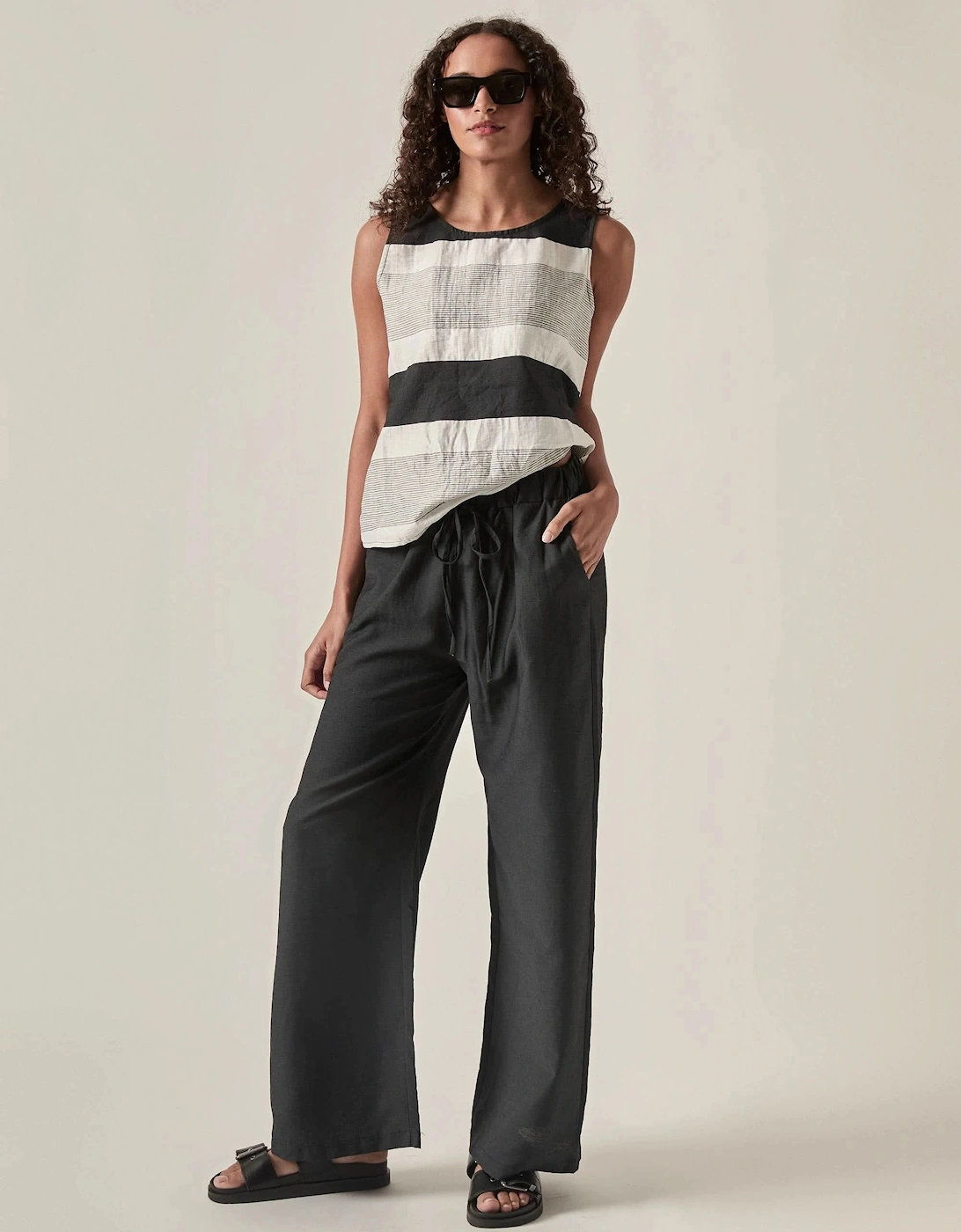 Linen Blend Black Drawstring Trousers