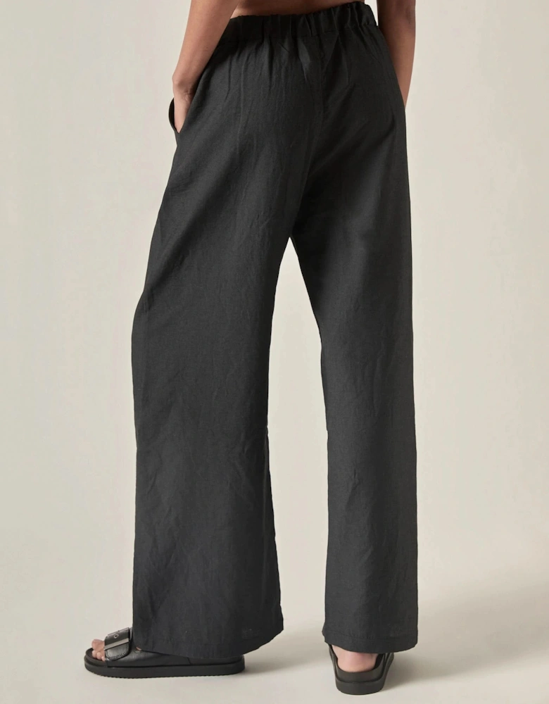 Linen Blend Black Drawstring Trousers