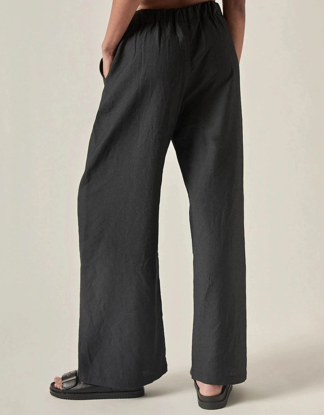 Linen Blend Black Drawstring Trousers