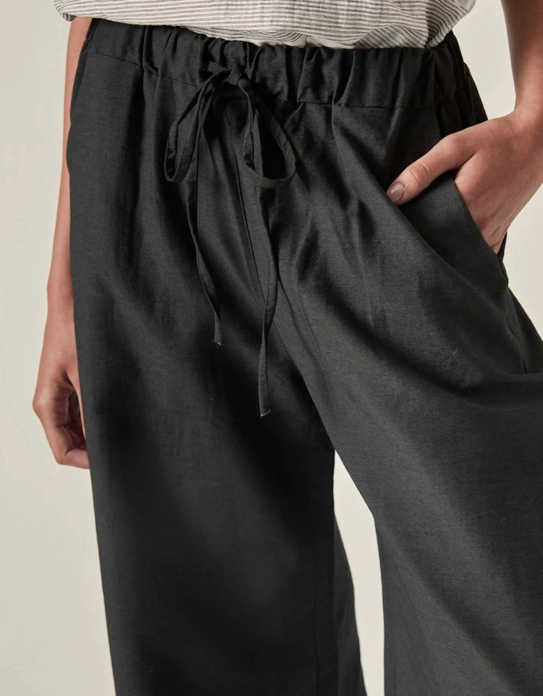 Linen Blend Black Drawstring Trousers