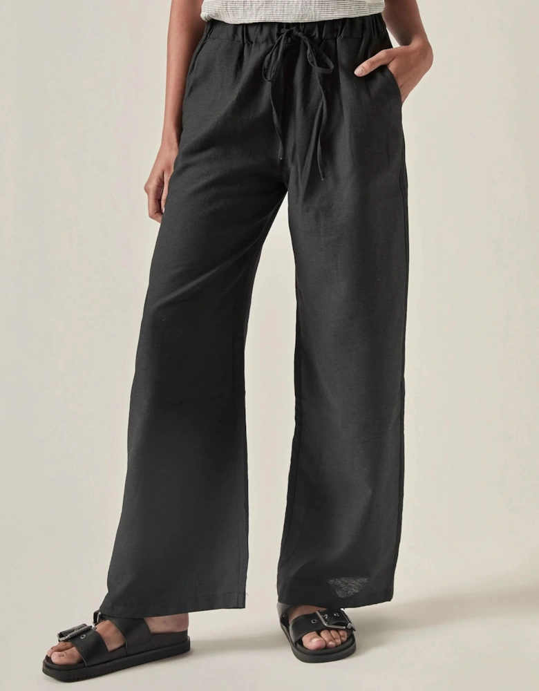 Linen Blend Black Drawstring Trousers