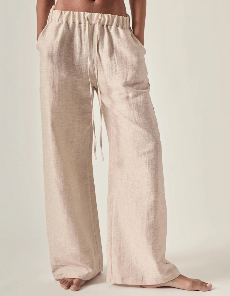 Linen Blend Beige Drawstring Trousers
