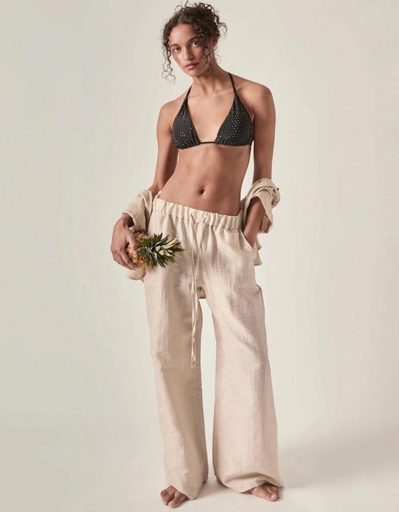 Linen Blend Beige Drawstring Trousers