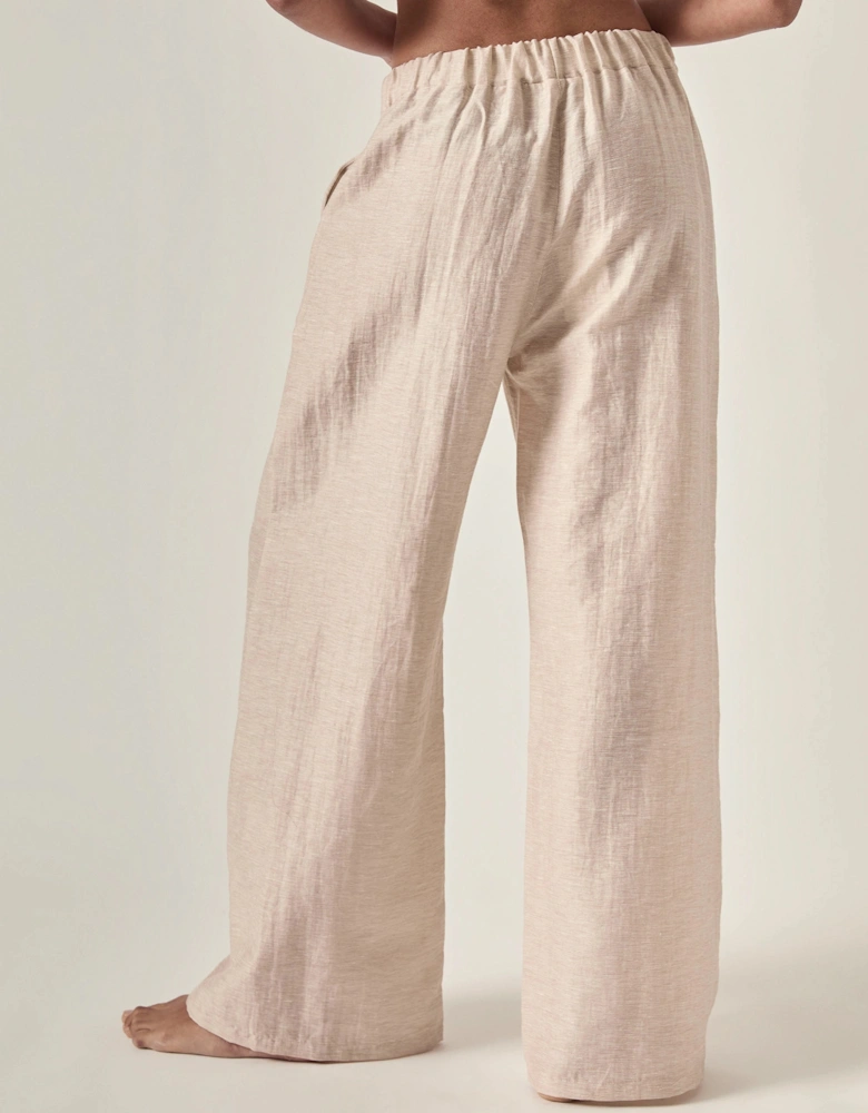 Linen Blend Beige Drawstring Trousers