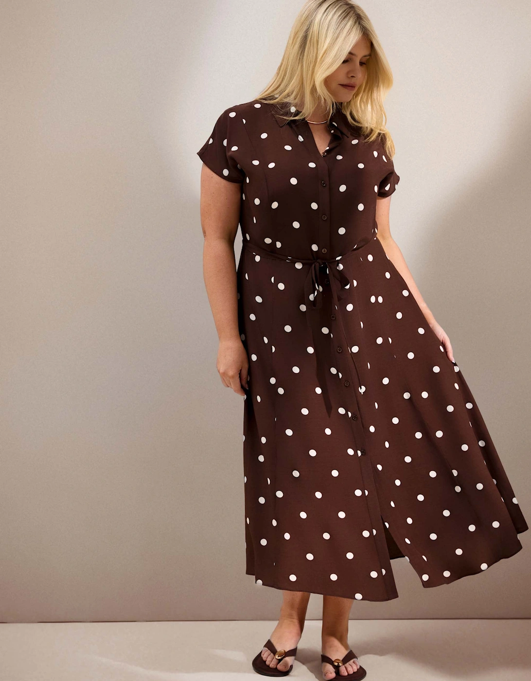 Petite Chocolate Polka Dot Print Midaxi Shirt Dress