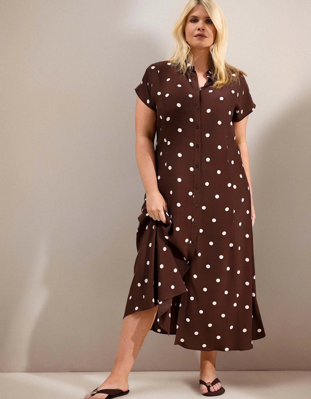 Petite Chocolate Polka Dot Print Midaxi Shirt Dress
